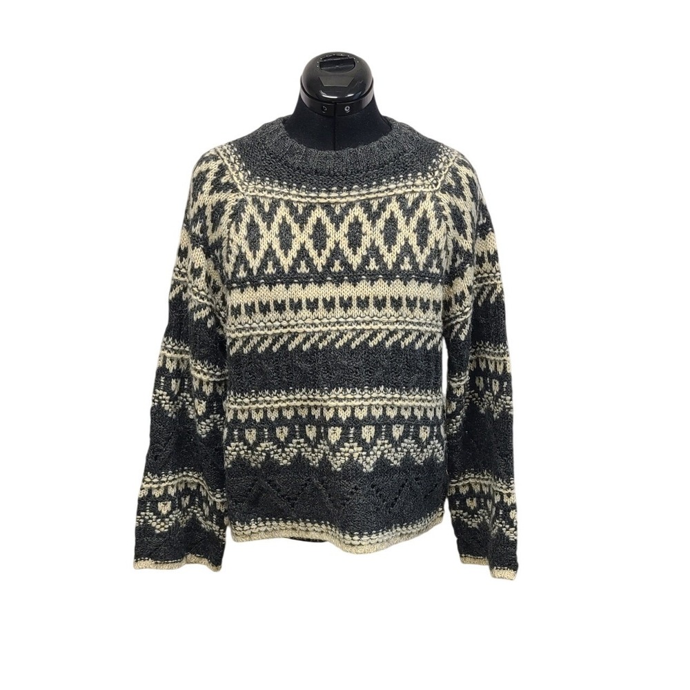 Sanctuary Women's Fair Isle Geometric Knit Crew Neck Sweater Charcoal S/L